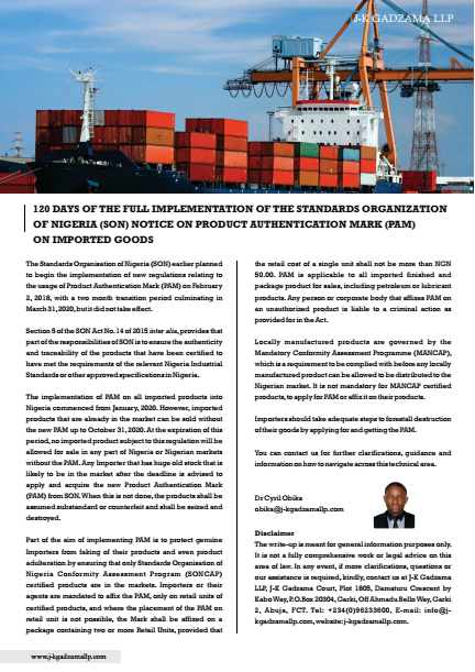 Cover of 120 Days of the Full Implementation of the Standards of Organization of Nigeria (SON) Notice on Product Authentication Mark (PAM) on Imported Goods