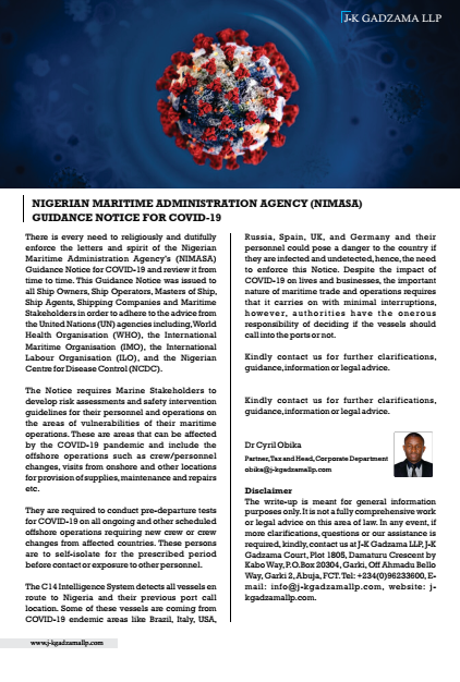 Cover of Nigerian Maritime Administration Agency (NIMASA) Guidance Notice for Covid-19